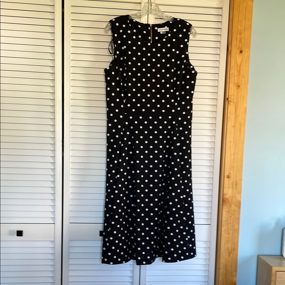 Calvin Klein Black & White Polka Dot Knee-Length Sleeveless Dress with Pockets!!